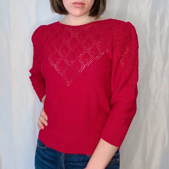 Vintage Red Knit Sweater with Subtle Puff Sleeves - Picture 2 of 8